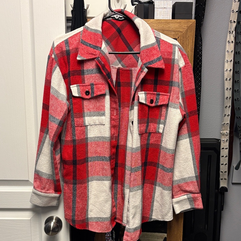Red and White Plaid Button-Up Shirt
